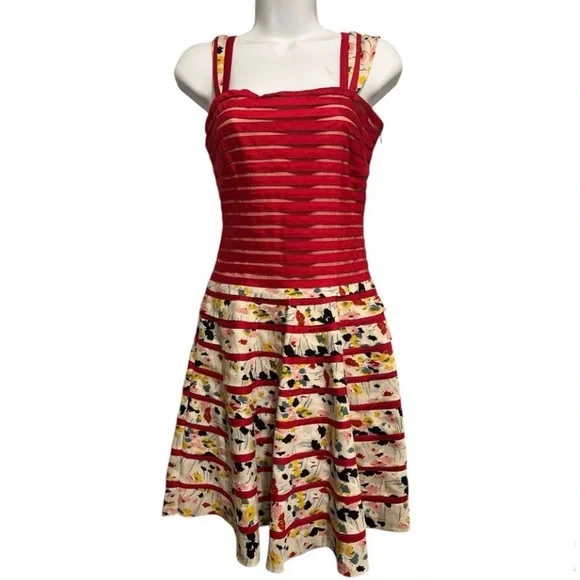 Diane von Furstenberg Silk Fit & Flare Dress | Red & Floral Stripe | Size 0 - Picture 1 of 11